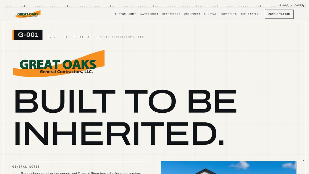 The new Great Oaks General Contractors homepage, laid out like a construction cover sheet